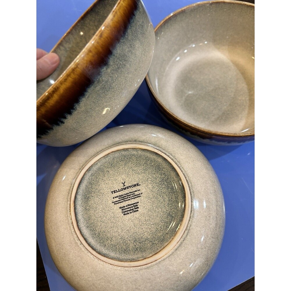 Yellowstone YS Kayce Stoneware Bowl Set of 3 Blue Green Brown Rustic Drip 6.5”